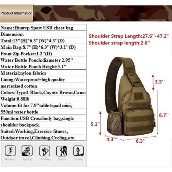 HUNTVP Small Tactical Sling Chest Pack Bag Molle Daypack Backpack Military Cross - Picture 3 of 8